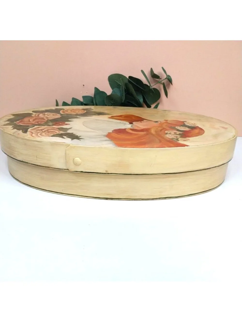 Hand-Painted Wooden Oval Storage Box Folk Art Victorian Lady Roses 1993